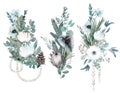 Collection of watercolor winter bouquets with winter flowers, plants and pearl garlands