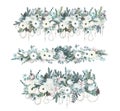 Collection of watercolor winter floral garlands with fir branches, white flowers, plants and pearl garland