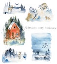 Collection of watercolor winter landscapes with forest animals Royalty Free Stock Photo