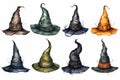 Collection of watercolor witches hats isolated on white background