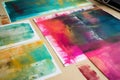 A collection of watercolors are laid out on a table. AI generation