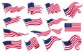 Collection waving flags of the United States of America. Illustration of wavy American Flags. National symbol, American
