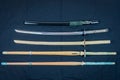 A collection of weapons for training, equipment for Japanese sport Iaido and Kendo. Wood, bamboo and steel sword . Royalty Free Stock Photo