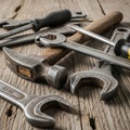 A collection of weathered hand tools placed on a rough wooden surface Royalty Free Stock Photo