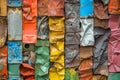 Collection of weathered tin cans covering a wall in various colors, textures, and patterns, Experiment with different textures and Royalty Free Stock Photo