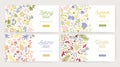 Collection of web banner templates with gorgeous blooming flowers, plants, leaves, berries and place for text on white Royalty Free Stock Photo