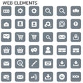 A collection of web icons arranged in a grid, each within a gray square. Icons depict Royalty Free Stock Photo