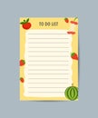 A collection of weekly or daily agendas, notebooks, to-do lists, with fruit illustrations. Flat vector illustration