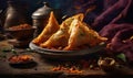 Collection of well detailed Indian samosas with rich flavors and rich colors.