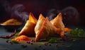 Collection of well detailed Indian samosas with rich flavors and rich colors.