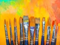 Much used art paint brushes with beautiful abstract background Royalty Free Stock Photo