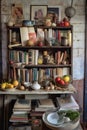 a collection of well-worn family recipe books in a kitchen