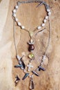 Collection; white; background; jewelry; necklace; beads; agate; boho; bohemian; pendant; stone; handmade; jewellery; jewel; three;