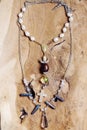 Collection; white; background; jewelry; necklace; beads; agate; boho; bohemian; pendant; stone; handmade; jewellery; jewel; three;