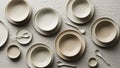 A collection of white and beige ceramic tableware is arranged on a textured, light-colored tableclot Royalty Free Stock Photo