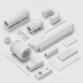 A collection of white, geometric objects arranged on a flat surface. Includes