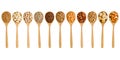 Collection of white light and dark brown cereal and grain seeds in spoon