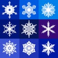 Collection of white snowflakes isolated on blue, violet and purple background. Snow icons. Vector. Royalty Free Stock Photo