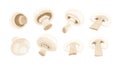 Collection of whole and cut into slices edible champignon mushrooms isolated on white background. Tasty fresh raw