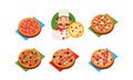 Collection of whole pizza with different ingredients, cheerful chef with pizza, pizzeria, restaurant, bakery shop, cafe
