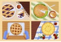 Collection of whole and slice pie top view on serving table with tablecloth vector flat illustration