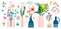 Collection of wild and garden blooming flowers in vases and bottles isolated on white background. Royalty Free Stock Photo