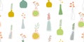 Collection of wild and garden blooming flowers in vases and bottles isolated on white background. Vector seamless pattern Royalty Free Stock Photo