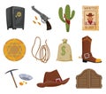 Collection of wild west flat icons. Accessories and objects game or app ui icon. Cowboy hat, sheriff star badge, wanted Royalty Free Stock Photo