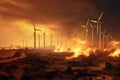 Collection of Windmills in the Dirt, A Landscape of Renewable Energy, View of a wind farm with turbines on fire, a concept of Royalty Free Stock Photo