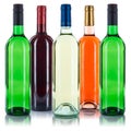 Collection of wine bottles colorful red white rose isolated on w Royalty Free Stock Photo