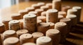 A collection of wine corks arranged in a pattern on a wooden surface. The corks vary in Royalty Free Stock Photo