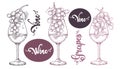 Collection of wine glasses with grapes and lettering vine, grapes.