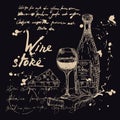 Collection Wine products and vineyard hand drawn scetch. Grapes, bottle,chees, glass, corkscrew vintage style unreadable