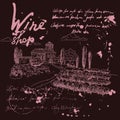 Collection Wine shop products and vineyard hand drawn scetch, grapes vintage style unreadable text. Vector illustration