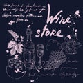 Collection Wine store products and vineyard hand drawn scetch. Grapes, bottles, chees, glass, corkscrew vintage style