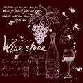 Collection Wine store products and vineyard hand drawn scetch. Grapes, bottles, chees, glass, corkscrew vintage style