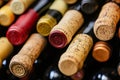 collection of wineskins displaying different corks, creating vibrant, textured arrangement Royalty Free Stock Photo
