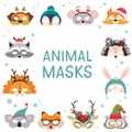 Collection of winter animal masks and Christmas photo booth props for kids. Cute cartoon masks and elements for a party Royalty Free Stock Photo