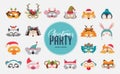 Collection of winter animal masks and Christmas photo booth props for kids. Cute cartoon masks and elements for a party Royalty Free Stock Photo