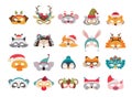 Collection of winter animal masks and Christmas photo booth props for kids. Cute cartoon masks and elements for a party Royalty Free Stock Photo