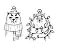 Collection winter cats. Happy cat in Christmas garland and an unhappy sad kitten in knitted hat and scarf. Vector