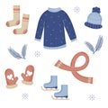 Collection of winter clothes. Hat, sweater, scarf, skates, gloves. Vector Royalty Free Stock Photo