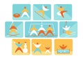 Collection of winter colorful linear navigation signs icons representing skiing and other winter outdoor activities, snowtubing,