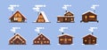 Collection of winter houses. Snow-covered Christmas houses and country cottages alpine chalet mountain house. Cartoon style