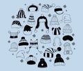 Collection winter knitted hats. Isolated hand drawings doodle of headdresses. Vector illustration.