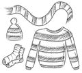 Collection of winter knitted unisex clothes: striped sweater, scarf, hat, socks in black isolated onwhite background. Hand drawn