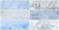 Collection of winter panoramic backgrounds with trees and bushes covered with hoarfrost. Royalty Free Stock Photo