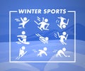 Collection of winter sport flat icons on blue colored winter mountain landscape.