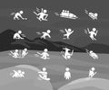 Collection of winter sport flat icons isolated on black and white colored snowy mountain landscape. Royalty Free Stock Photo