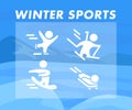 Collection of winter sport flat icons isolated on blue colored winter mountain and snow landscape.